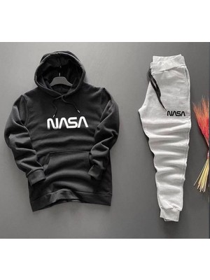 Punix Punıx Büyük Beden Özel Seri Kapüşonlu Nasa Baskılı %100 Pamuk Kışlık Battal Erkek Eşofman Takımı