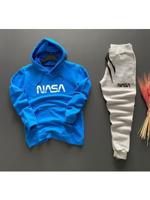 Punix Punıx Büyük Beden Özel Seri Kapüşonlu Nasa Baskılı %100 Pamuk Kışlık Battal Erkek Eşofman Takımı