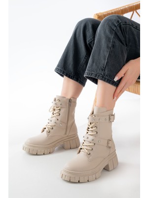 Zerenyus ZRİN842-03 Premium Bej Kalın Tabanlı Bağcıklı Fermuarlı Günlük Kadın Bot