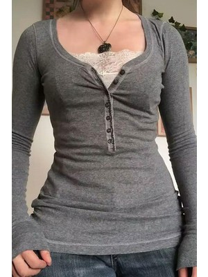 8line Antrasit Düğme Detaylı Dantelli Henley Yaka Uzun Kollu Bluz