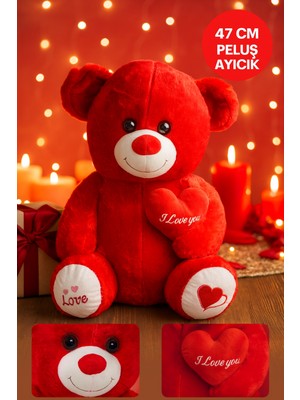 Toyfest 47 cm Kırmızı Peluş Ayıcık I Love You Kalpli Hediye Oyuncak Kırmızı