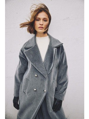 Sateen 6610 Uzun Düğme Detaylı Tüylü Kaban Gri