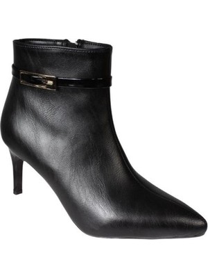 Yaz Kış Ayakkabı Yazkış Kadın Siyah Cilt 7cm Ince Topuk Sivri Burun Fashıon  Bot