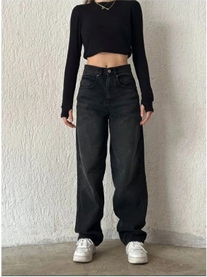 Flexifit Aden Baggy Koyu Mavi Yıkamalı Toka Detaylı Bol Kesim Geniş Paça Rahat Jean Kot Salaş Kadın Pantolon Mevsimlik Salaş Günlük