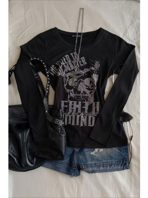 8line Siyah Faith Mind Gotik Y2K Uzun Kollu Crop