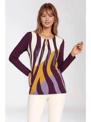 Mamayaga Kadın Bisiklet Yaka Esnek Desenli Taşlı Viskon Uzun Kol Curve Büyük Beden Bluz