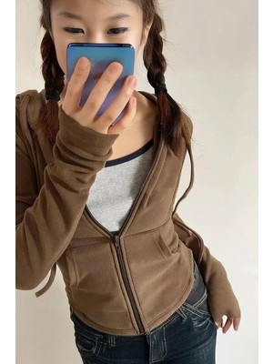 8line Kahverengi 3 Iplik Şardonsuz Y2K Hırka