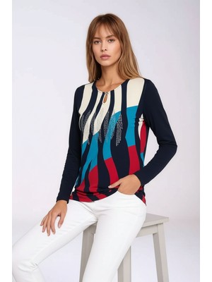 Mamayaga Kadın Bisiklet Yaka Esnek Desenli Taşlı Viskon Uzun Kol Curve Büyük Beden Bluz