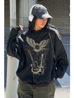 8line Siyah Black Eagle Guitar Y2K Sweatshirt
