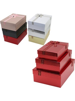 Go İthalat 3pcs D.dörtgen Parlak Mix Renkli - Kabartma Desen Karton Hediye Kutusu Kurdelalı 33X24.5-28.5X20.5-24X16.5CM (3791)