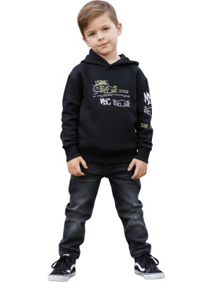 Escabel Erkek Çocuk Kapüşonlu Baskılı Siyah Sweatshirt - Cepli, Pamuklu, Rahat Kullanım