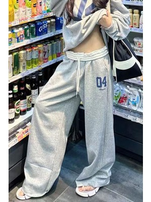 8line Gri Melanj 04 Number Beyaz Beli Lastikli Y2K Unisex Eşofman