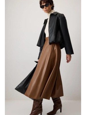 Touche Volanlı Deri Etek Kahverengi