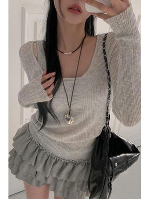 8line Gri Ek Askılı Madonna Yaka Harajuku Y2K Uzun Kollu Crop