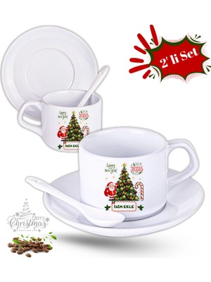Caisya Yılbaşı Hediyesi Noel Ağacı Baskılı 2li Set Isimli Porselen Çay Kahve Fincan Seti