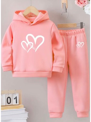 Punix Kids Punıx Kıds Özel Seri Beyaz Çift Kalp Baskılı Kapüşonlu %100 Pamuk Kışlık Kız Çocuk Eşofman Takımı