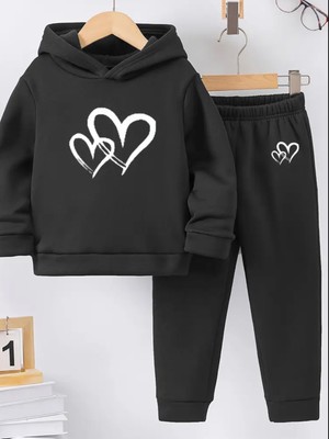 Punix Kids Punıx Kıds Özel Seri Beyaz Çift Kalp Baskılı Kapüşonlu %100 Pamuk Kışlık Kız Çocuk Eşofman Takımı