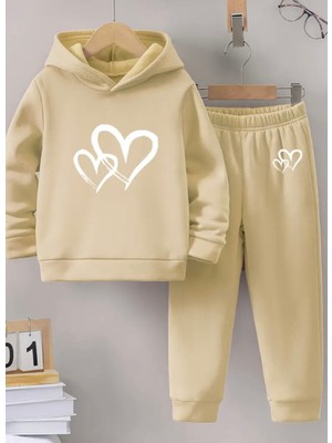 Punix Kids Punıx Kıds Özel Seri Beyaz Çift Kalp Baskılı Kapüşonlu %100 Pamuk Kışlık Kız Çocuk Eşofman Takımı