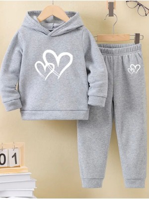 Punix Kids Punıx Kıds Özel Seri Beyaz Çift Kalp Baskılı Kapüşonlu %100 Pamuk Kışlık Kız Çocuk Eşofman Takımı