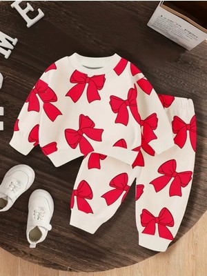 Kids Face Özel Tasarım Yuvarlak Yaka Kurdeleler Baskılı %100 Pamuk Kışlık Kız Çocuk Trend Eşofman Takımı