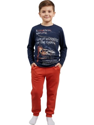 Çikoby Erkek Çocuk Lacivert Kiremit Baskılı Sweatshirt İkili Takım | %100 Pamuk Üst – Rahat Kesim Eşofman Altı