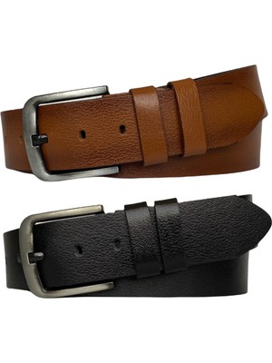 GoDeri  Tek Parça Deri 2'li Set Siyah, Taba 4.5 cm Kot, Spor Kemer