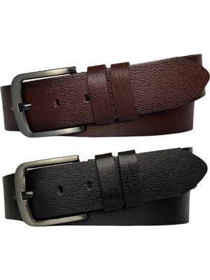 GoDeri  Tek Parça Deri 2'li Set Siyah, Koyu Kahverengi 4.5 cm Kot, Spor Kemer