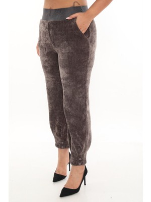 Zanessi Büyük Beden Fitilli Kadife Mom Lastikli Yüksek Bel Paça Detaylı Kadın Pantolon