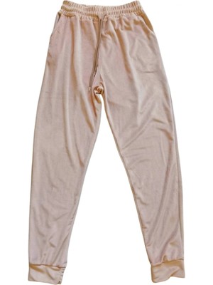 Litaetrend Parlak Kadife Cepli Pantolon Eşofman Pijama Altı Unisex Lastikli Paça Bej
