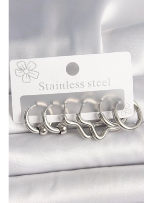 316L Çelik Gümüş Renk Halka Yıldız Kadın Küpe Seti