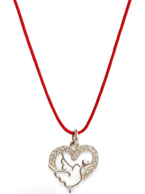 925 Ayar Gümüş Kırmızı Ip Mavi Işıltılı Kalp Kuş Tasarım Kadın Choker Kolye