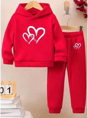 Punix Kids Punıx Kıds Özel Seri Beyaz Çift Kalp Baskılı Kapüşonlu %100 Pamuk Kışlık Kız Çocuk Eşofman Takımı