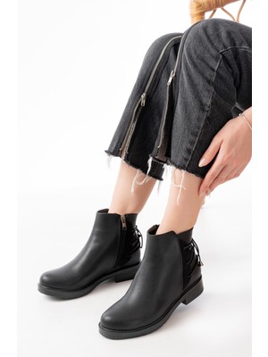 Zerenyus ZRİN165-209 Premium Siyah Arka Bağcıklı Fermuarlı Günlük Kadın Bot