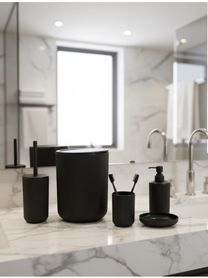 Çizgili 5 Li Banyo Tuvalet Seti Yuvarlak Siyah