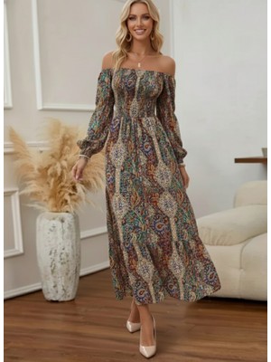 Ekince Kadın Düşük Omuzlu Beli Büzgülü Dijital Desenli Kesik Elyaf Süprem Uzun Elbise