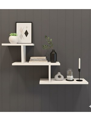 Üç Katlı T Şekilli Ahşap Raf Duvara Monte Depolama Rafı Beyaz