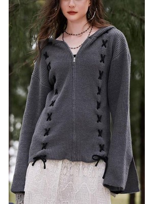 8line Füme Bağcık Detaylı Kapüşonlu Gotik Unisex Hırka