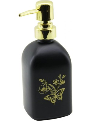 Shopwave Cam Kare - Siyah Şişe--Sarı Kelebek-Çiçek Desen Sıvı Sabunluk 400ML Gold Plastik Pompa (5047)