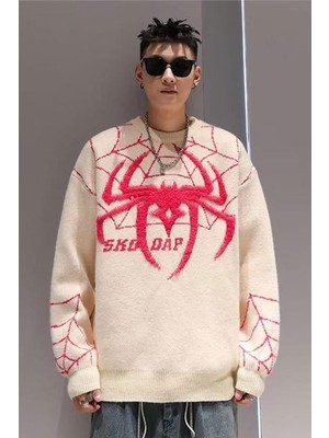 8line Beyaz Spider-Man Örümcek Ağı Oversize Kazak