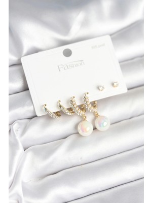 Pirinç Renk Incili 925 Ayar Gümüş Çivi Kadın Küpe Seti