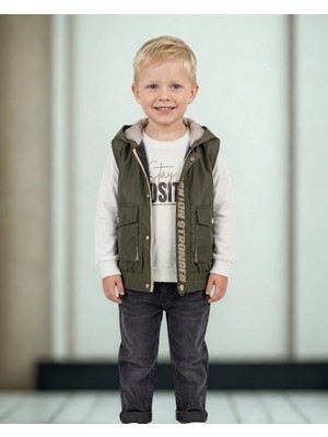 Asliva Fashion Asliva Erkek Çocuk Haki Kapüşonlu Yelek Sweatshirt ve Pantolon 3'lü Takım (5-8 Yaş)