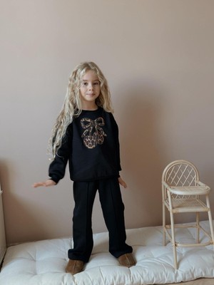 Siyah Leopar Kiraz Baskılı/işlemeli Kız Çocuk Eşofman Takımı