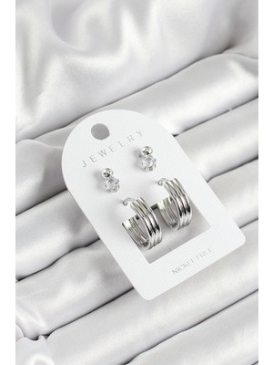 Pirinç Zirkon Taş ve Halka Figürlü Gümüş Renk 3'lü Çift Kadın Küpe Set
