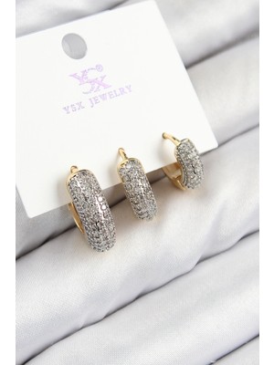 Pirinç Zirkon Taşlı 3'lü Halka ve Gümüş Renk Kadın Küpe