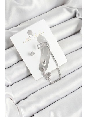 Pirinç Yılan Figürlü Zirkon Taşlı Gümüş Renk 3'lü Kıkırdak Kadın Küpe Set