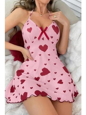 Moda Şahsenem Kadın Pembe Kırmızı Kalp Desenli Askılı Sırt Dekolteli Elbise 5064