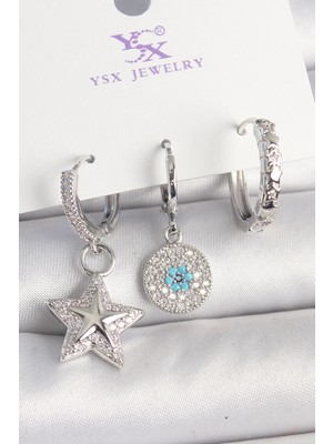 Pirinç Renk Zirkon Taşlı Yıldız Nazar Boncuk Detay 3'lü Kadın Kombin Küpe