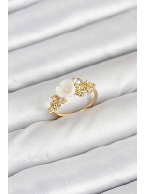 Pirinç Renk Çiçek Zirkon Taşlı Kadın Yüzük