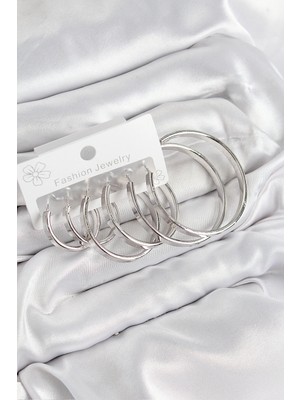 Pirinç Halka Gümüş Renk Kadın Set Küpe