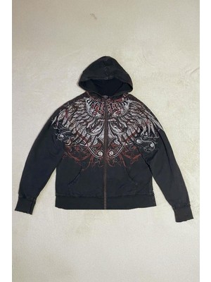 8line Siyah Affliction Wing Tribal Harajuku Y2K Kapüşonlu Unisex Hırka